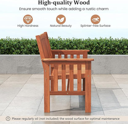 Tangkula Outdoor Wood Garden Bench, 2-Person Patio Park Bench with Backrest, Armrests and Slatted Seat, Outside Loveseat Furniture for Front Porch, Balcony, Deck and Yard