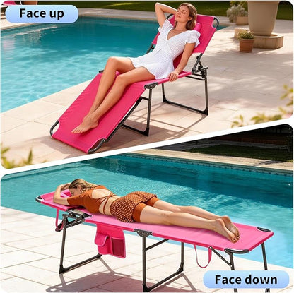 Tanning Chair with Face Hole Folding Beach Lounge Chair,5-Position Adjustable Backrest, Pillow & Side Pocket,Portable Face Down Chaise Lounge for Outdoor Backyard Poolside,Beach, Patio,Pink