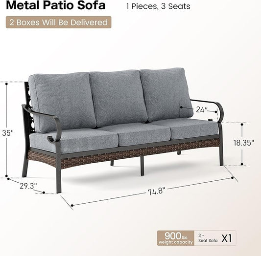 Metal Patio Furniture Sofa with 5.75" Extra Thick Cushion, 3-Seater Deep Seating & High-Back Black Frame Outdoor Couch All Weather Outdoor Seating for Deck Gazebo Porch, Navy