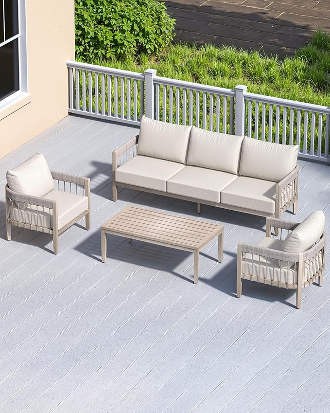 Never-Rust Aluminum Outdoor Coffee Table, All-Weather Patio Coffee Table with Faux Wood Grain Finish Frame, Rectangle - Photo 2