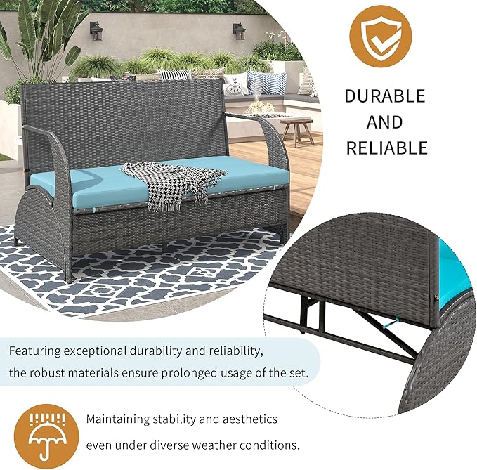 2-in-1 Convertible Picnic Upholstered Bench,57.1" Outdoor Loveseat,Portable Picnic Table Couch,Convertible to 4 Seats&1 Table,for Garden,Lawn,Backyard,Porch,Patio, Blue