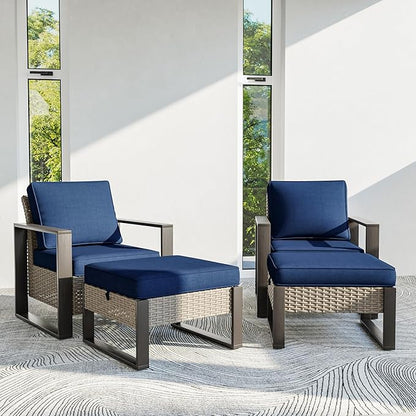 4 Piece Patio Furniture Set, Outdoor Wicker Chair and Ottoman, Metal Patio Furniture with Deep Seating, Thicken Cushions for Deck, Porch, Yard Use (Blue, 4 PCS/Chairs)