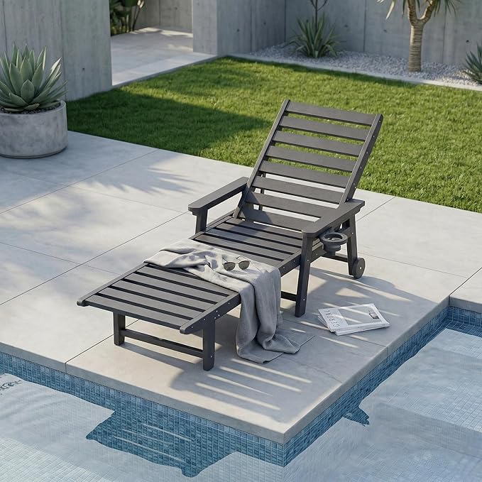 5-Position Adjustable Lounge Chair Outdoor, HDPE Outdoor Chaise Lounge with Cup Holder & Wheels, Pool Lounge Chairs for Poolside, Beach, Deck, Grey