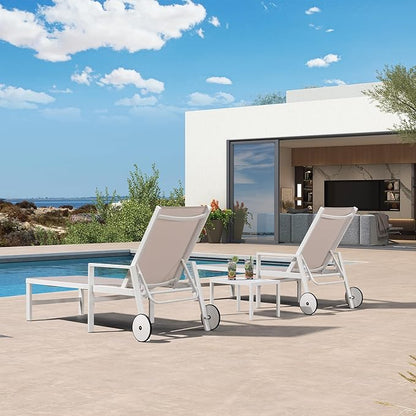 PURPLE LEAF Outdoor Lounge Chairs Set of 2 White Aluminum Chaise Lounge Chaisr Outdoor with Wheels and Armrest for Patio Deck Pool Side Table Include, Linen