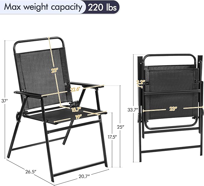 Yaheetech Outdoor Patio Chairs Set of 2, Folding Patio Chairs with Metal Frame, Armrests, Portable Dining Chairs for Camping, Lawn, Garden and Porch, Black