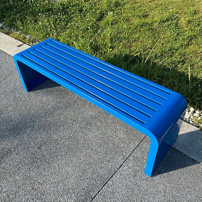LITFAD Outdoor Indoor Bench Art Deco Alloy Picnic Bench Modern Multicolor Park Bench Waterproof Metal Garden Bench for Patio, Lawn, Yard, Porch, Blue, 59" L x 16" W x 18" H