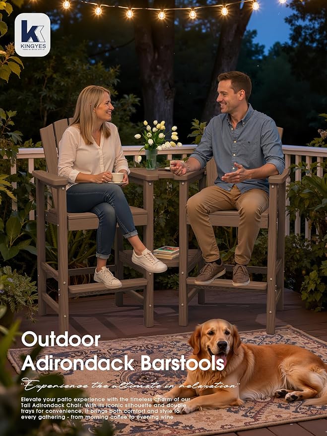 KINGYES Tall Adirondack Chair Set of 4 with 9FT Umbrella, All Weather HDPE Embossed Balcony Height Chair with Double Connecting Trays, High Airondack Chair with Wood Grain, Garden, Brown