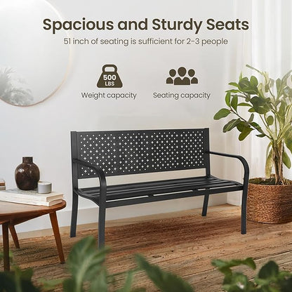 BODIOO Patio Metal Garden Bench Outdoor Park Benches, Iron Steel Frame Chair Mesh Pattern 500 lbs - Park Yard Front Porch Bench Path Yard Outside Lawn Decor Deck Furniture, Black