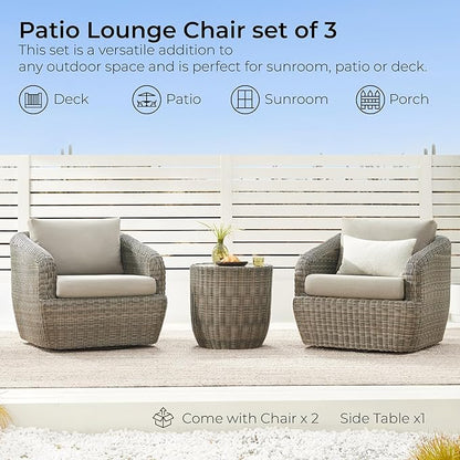 CHITA 3 Pieces Patio Wicker Furniture Set, Outdoor Rattan Bistro Set with Removable Thickened Cushions, Fully Assembled(Gray Cushions with Brownish Gray Wicker)