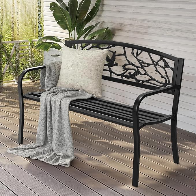VINGLI Outdoor Bench for Patio Metal Garden Bench w/PVC Back Pattern - Photo 9