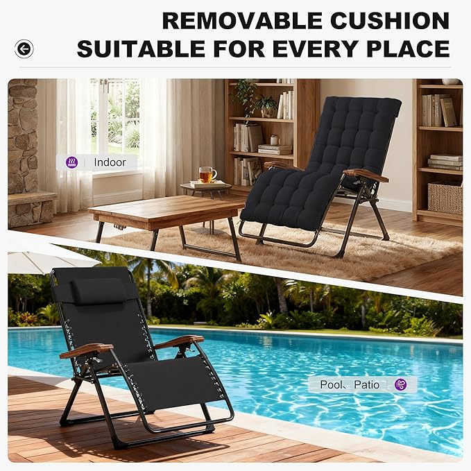 PURPLE LEAF Extra Wide Outdoor Reclining Chair Patio Zero Gravity Chaise Lounge Folding Chair with Removable Cushion Adjustable Headrest for Lawn Camping Beach Pool Black