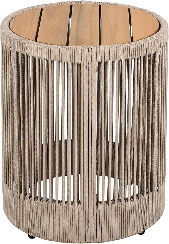 LUMISOL Rustic Industrial Table Set of 2 for Outdoor, Coffee Table & Side Table with Woven Rope Design, Patio Table Set for Living Room Garden Balcony, Teak+ Beige