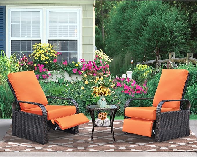 ATR ART TO REAL Outdoor Recliner, Set of 2 Wicker Reclining Chair with Coffee End Side Table, Aluminum Frame Patio Chaise Lounge Chairs with Thicken Cushions (Orange)