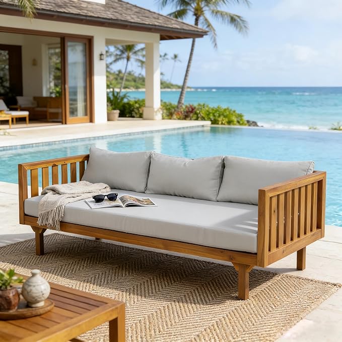 Merax Outdoor 3 Seater Daybed, Acacia Wood Day Bed Couch Sofa with Cushions for Patio Backyard, Garden, Light Grey
