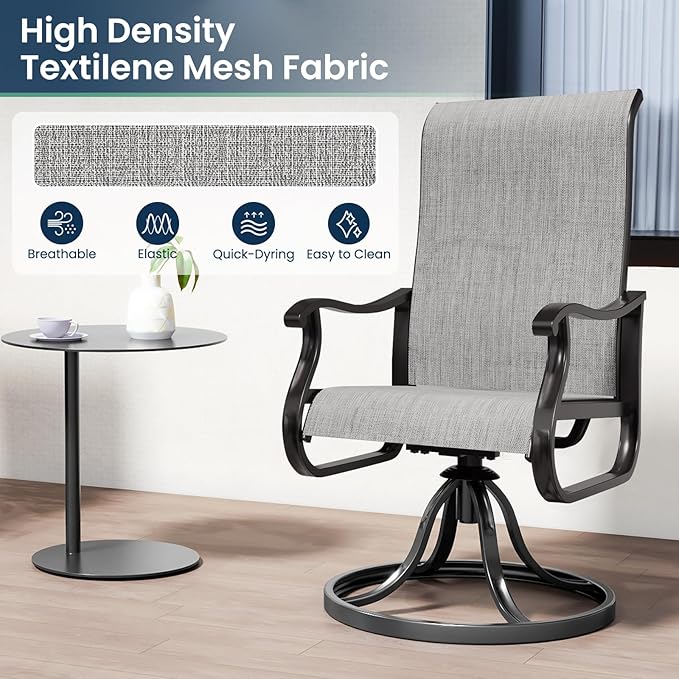 Amopatio Patio Swivel Chairs Set of 2, Outdoor Swivel Rocker Dining Chairs with All Weather Textilene High Back & Metal Frame, for Backyard Deck Lawn, Light Gray