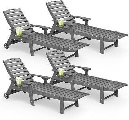Lounge Chair Outdoor Set of 4 with Wheels, Adjustable 5-Position Chaise Lounge Outdoor, Patio Lounge Chair for Poolside Backyard, Grey