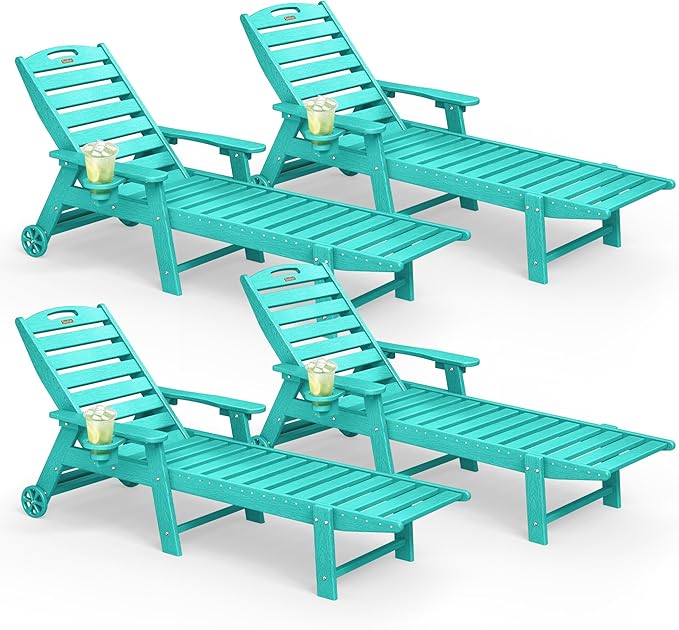 Lounge Chair Outdoor Set of 4 with Wheels, Adjustable 5-Position Chaise Lounge Outdoor - Photo 1