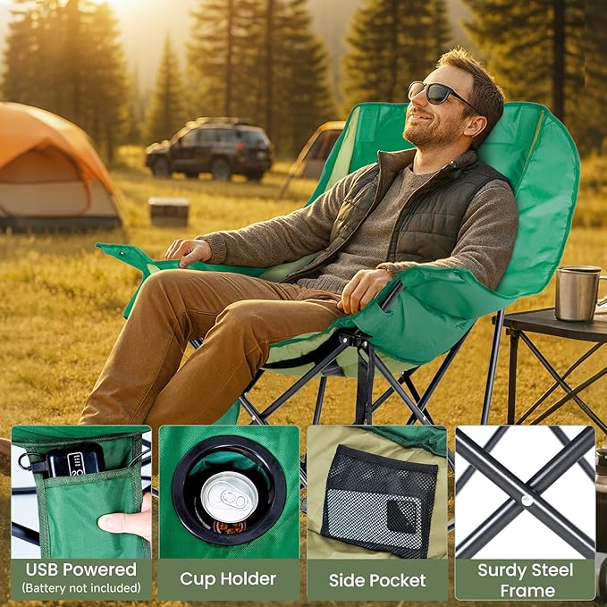 ABORON Oversized Rocking Camping Chair for Adults, Fully Padded Folding Outdoor Lawn Chair with Side Pocket, Portable Recliner Chair for Camp, Patio, Backyard, Supports 400 lbs