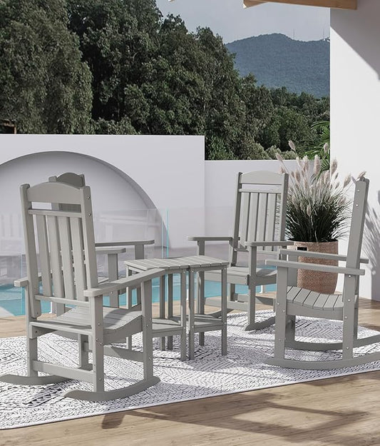 FOOWIN Outdoor Rocking Chair Set of 2, High Back Patio Rocking Chair, HDPE All Weather Resistant Porch Rocker for Adult, Oversized Rocking Chairs for Garden, Lawn, Indoor & Outdoor Use, White Grey