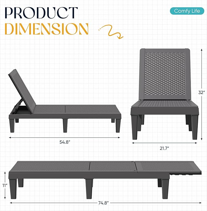 Greesum Outdoor Chaise Lounge Chairs Set of 4 with 5-Position Adjustable Backrest - Photo 2