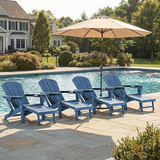 LOUNZY Folding Adjustable Adirondack Chair with Footrest Set of 4,HDPE Recliner Adirondack Chair with Cup Holder for Deck Lawn Fire Pit, Navy