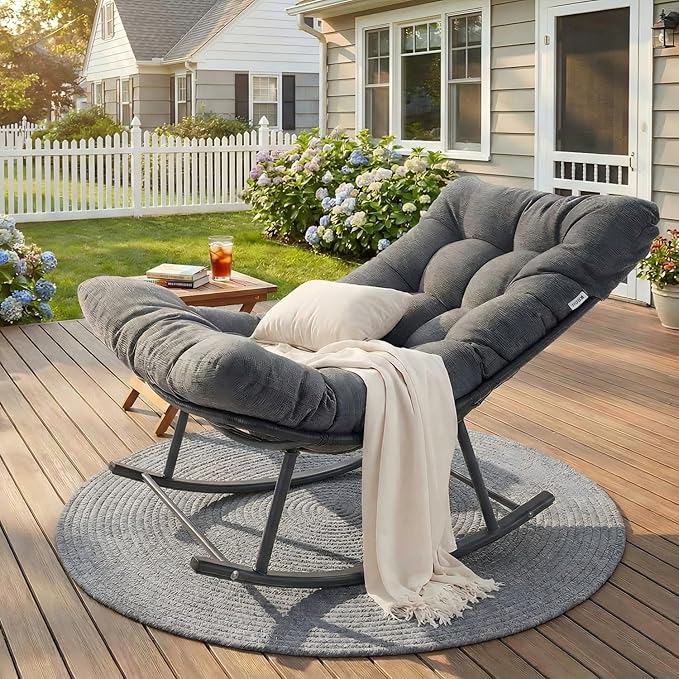 IRONCK Papasan Rocking Chair with Cushion, Patio Wicker Rocking Chair, Metal Frame Egg Rocker, 450lbs Capacity, Indoor Outdoor Lounge for Garden, Porch, Living Room, Balcony, Gray