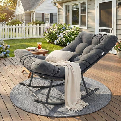 IRONCK Papasan Rocking Chair with Cushion, Patio Wicker Rocking Chair, Metal Frame Egg Rocker, 450lbs Capacity, Indoor Outdoor Lounge for Garden, Porch, Living Room, Balcony, Gray