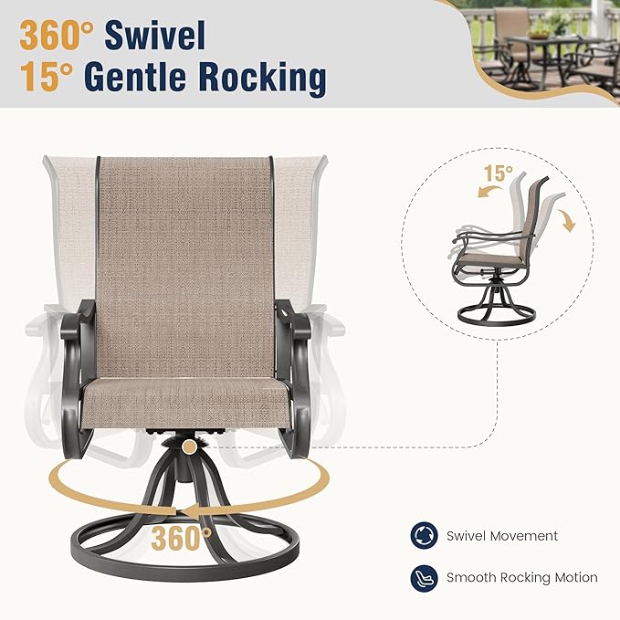 Amopatio Patio Swivel Chairs Set of 4, Outdoor Swivel Rocker Dining Chairs with All Weather Textilene High Back & Metal Frame, for Backyard Deck Lawn, Brown