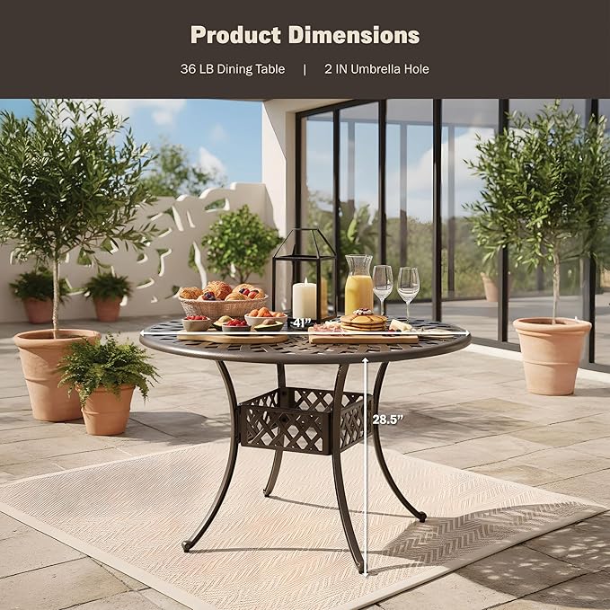 Kinger Home Arden 41-Inch Outdoor Dining Table, Cast Aluminum Patio Furniture Table, Round Table, All-Weather Resistant Outdoor Dining Furniture, Brown