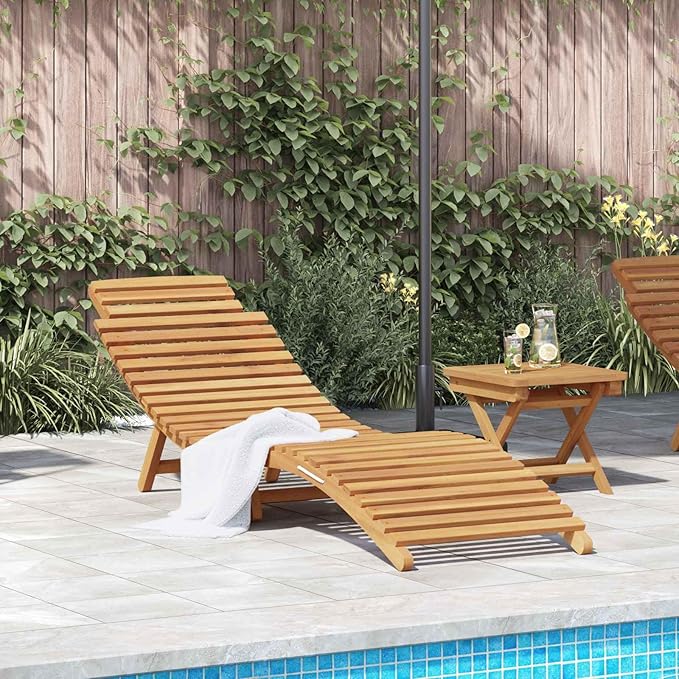 Solid Teak Wood Sun Lounger, Folding Outdoor Chaise Lounge Chair for Garden, Patio, Poolside, Heavy Duty Reclining Deck Furniture, 77.95 x 21.65 x 23.03 Inches