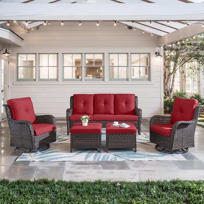 Belord 5 Piece Wicker Patio Furniture Set, Outdoor Swivel Rocker Chairs Set of 2 with Ottomans and 3 Seater Sofa - Photo 1
