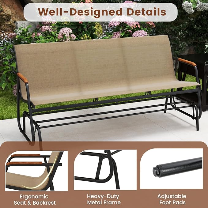 Giantex Patio Glider, 3-Person Swing Gliding Loveseat with Curved Teak Armrests, Fabric Seat, Metal Frame, Load 990lbs - Photo 8