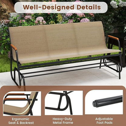 Giantex Patio Glider, 3-Person Swing Gliding Loveseat with Curved Teak Armrests, Fabric Seat, Metal Frame, Load 990lbs, Outdoor Rocking Chair for Porch, Yard, Poolside (29”x66.5”x33”)