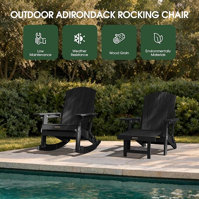 Adirondack Rocking Chair with Retractable Ottoman Set of 4, 4-in-1 Foldable Reclining Patio Chair, HDPE Wood-Look Outdoor Rocker for Porch, Garden & Poolside, Black