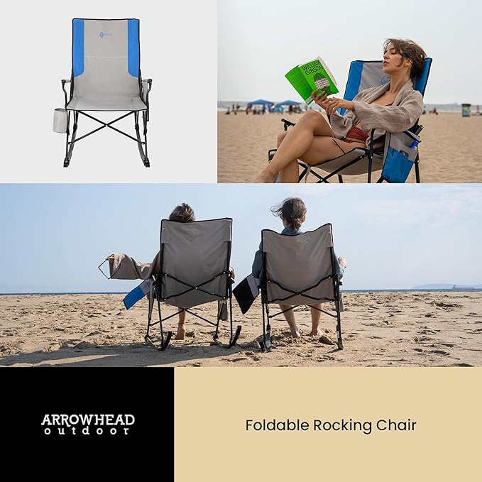 ARROWHEAD OUTDOOR 2-Pack Foldable Rocking Camp Chair with Large Cup Holder, Side Pocket, Space-Saving Folding, Enhanced Swinging Rocker for Camping, Fishing, Patio