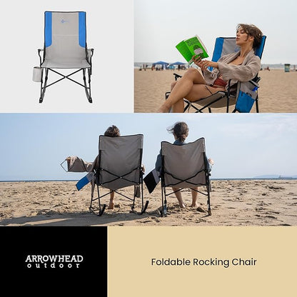 ARROWHEAD OUTDOOR Foldable Rocking Camp Chair with Large Cup Holder, Side Pocket, Space-Saving Folding, Enhanced Swinging Rocker for Camping, Fishing, Patio