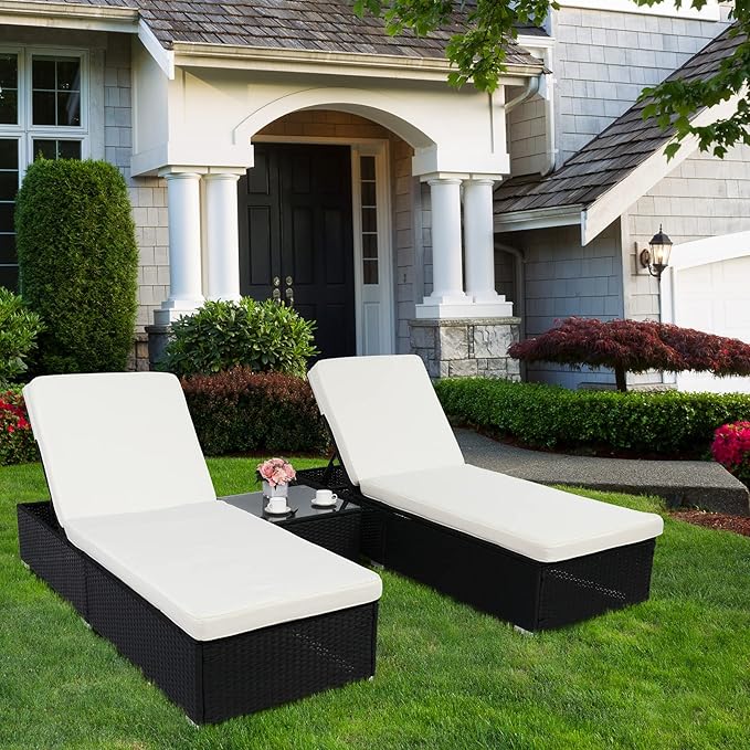 VINGLI Outdoor Chaise Lounge with Adjustable Backrest, Patio Beach Poolside PE Wicker Rattan Lounge Chairs with Water Repellent Cushions,Beige & Cream White (Black)
