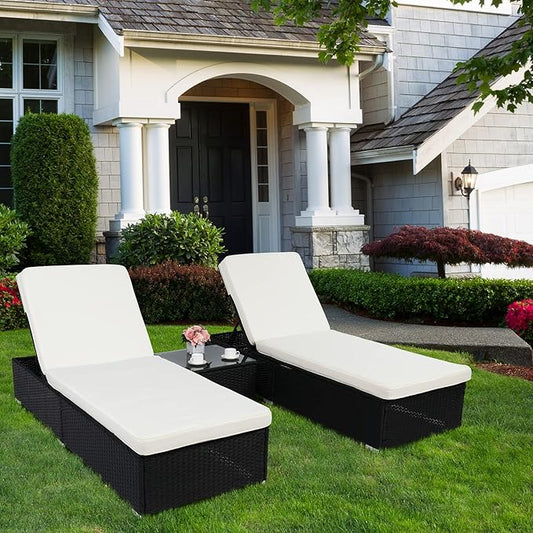 VINGLI Outdoor Chaise Lounge with Adjustable Backrest, Patio Beach Poolside PE Wicker Rattan Lounge Chairs with Water Repellent Cushions,Beige & Cream White (Black)