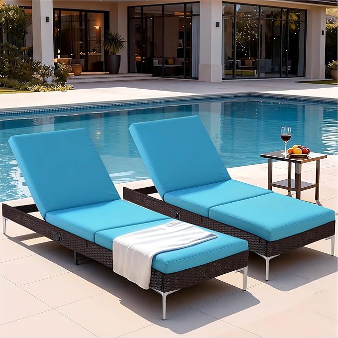 HOMREST Outdoor Lounge Chairs Set of 2, Patio Wicker Chaise Lounge with Removable Cushion, Rattan Pool Sunbathing Recliners with Adjustable Backrest (Turquoise)
