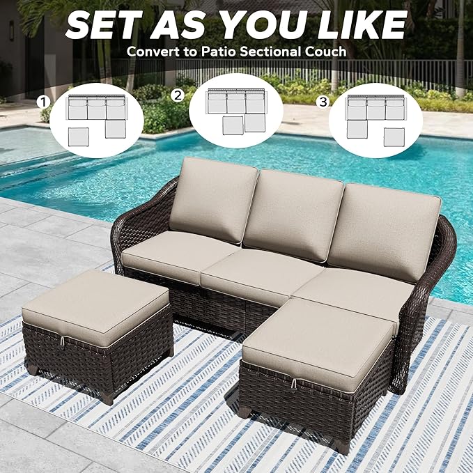 3 Pieces Patio sectional Sofa Set, Outdoor Conversation Furniture Set, 78" 3-Seat Couch with 2 Ottomans, 47" Metal Coffee Table, Rattan Wicker Sofa with Washable Cushions (Beige)