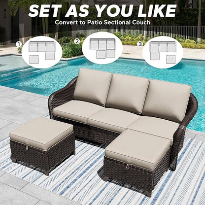3 Pieces Patio sectional Sofa Set, Outdoor Conversation Furniture Set, 78" 3-Seat Couch with 2 Ottomans, 47" Metal Coffee Table, Rattan Wicker Sofa with Washable Cushions (Beige)