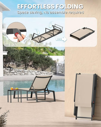 Aluminum Chaise Lounge Outdoor Set of 2, Foldable & No Assembly Patio Pool Lounge Chairs 5-Position Recliner for Outside Poolside, Fully Grounded Legs Sun Lounger for Pool, Beach, Yard, Khaki