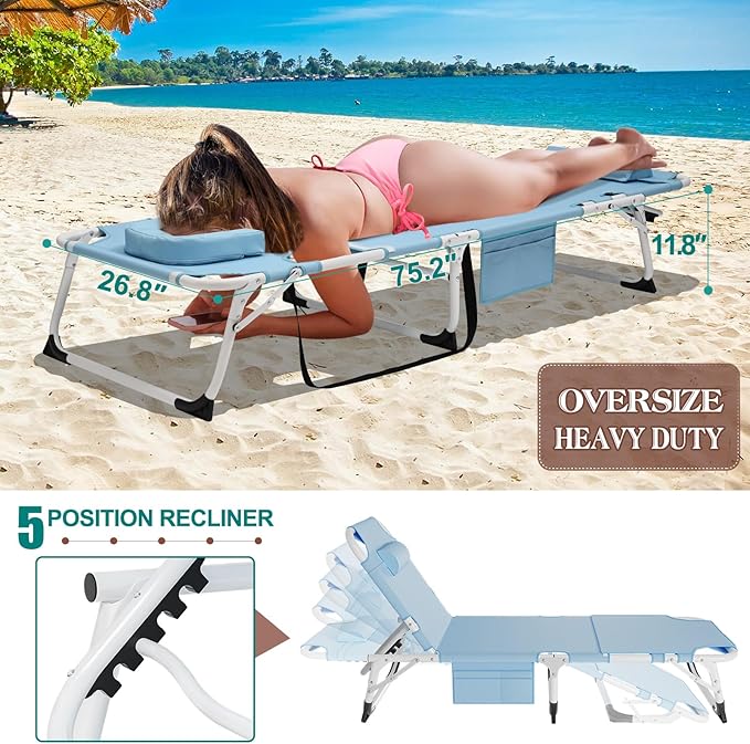 DoCred Heavy Duty XXL Tanning Chair with Face Hole&Mat, Oversized 5-Position Folding Chaise Lounge Chairs for Outside, Portable Beach Lounge Chair for Outdoor Sunbathing Beach Pool Lawn Camping