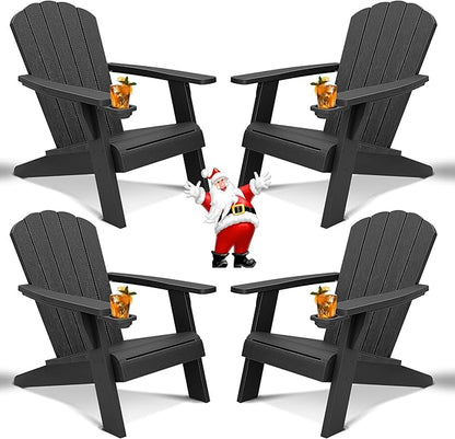 Outdoor Adirondack Chairs Set of 4,Black Wooden Textured Lawn Chairs,Plastic Patio Chairs,Modern Heavy All-Weather Adirondack Chair,Backyard Patio Lawn Poolside Fire Pit