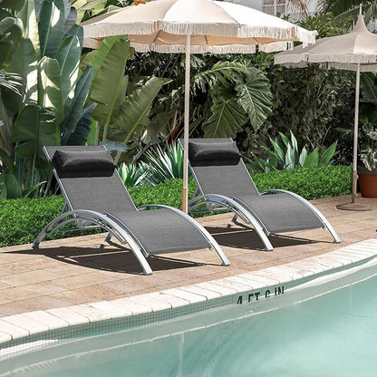 Domi Pool Lounge Chairs Set of 2, Aluminum Adjustable Outdoor Chaise Lounge, All Weather Poolside Chairs for Deck Lawn Poolside, Textilene (Dark Grey)