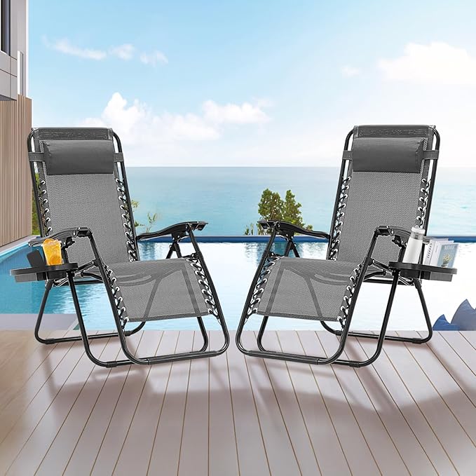 Zero Gravity Chair Set of 2, Folding Reclining zero gravity recliner lounge Chair 330lbs with Pillow and Cup Holder - Photo 1