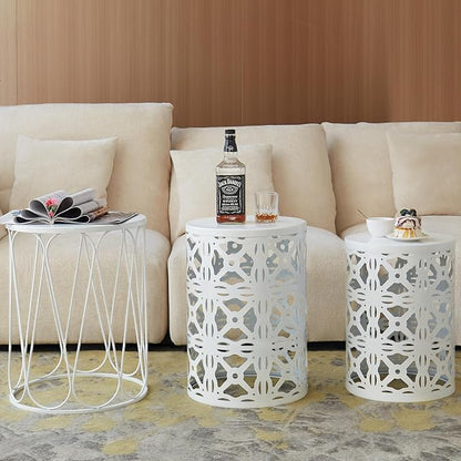 Y&M Set of 3 Stacking Coffee Table for Living Room, Patio Side Table,Indoor End Tables for Bedroom, Outdoor Decorative Garden Stool with Heavy Duty Metal Frame Modern Industrial Decor - White