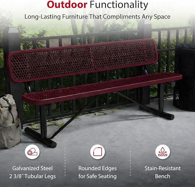 Leisure Craft Metal Outdoor Bench with Back - 6 Foot Heavy Duty Bench Seating for Garden, Porch, Picnic, Park, Expanded Metal, Thermoplastic Coating, Commercial Grade Furniture Made in USA - Burgundy