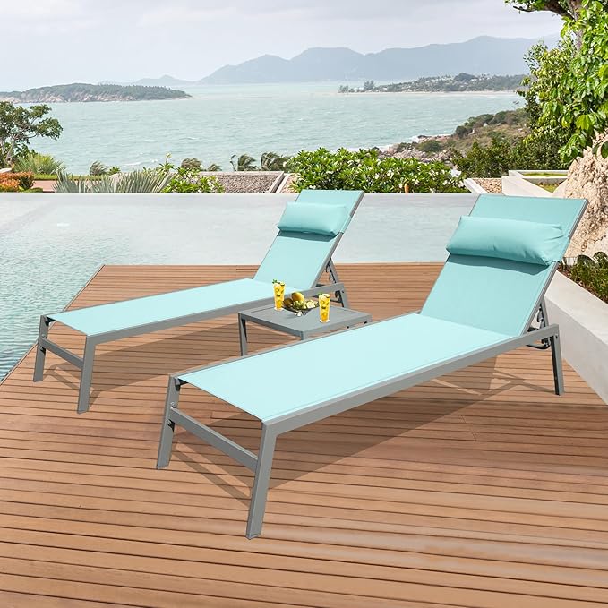 Domi Patio Chaise Lounge Set of 3, Aluminum Pool Lounge Chairs with Side Table, Outdoor Adjustable Recliner All Weather for Poolside, Beach, Yard, Balcony (Turquoise Blue)