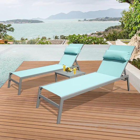 Domi Patio Chaise Lounge Set of 3, Aluminum Pool Lounge Chairs with Side Table, Outdoor Adjustable Recliner All Weather for Poolside, Beach, Yard, Balcony (Turquoise Blue)